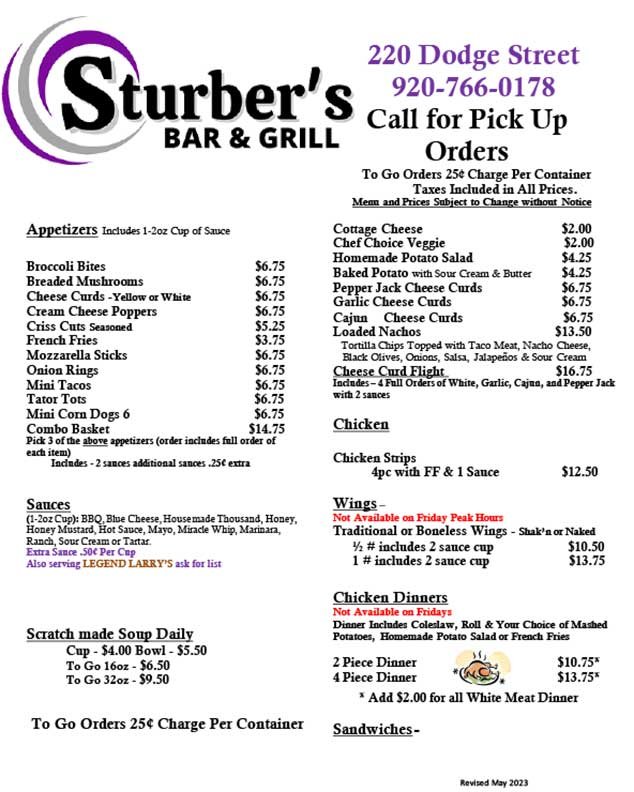 Sturber's Bar and Grill Menu Page 1