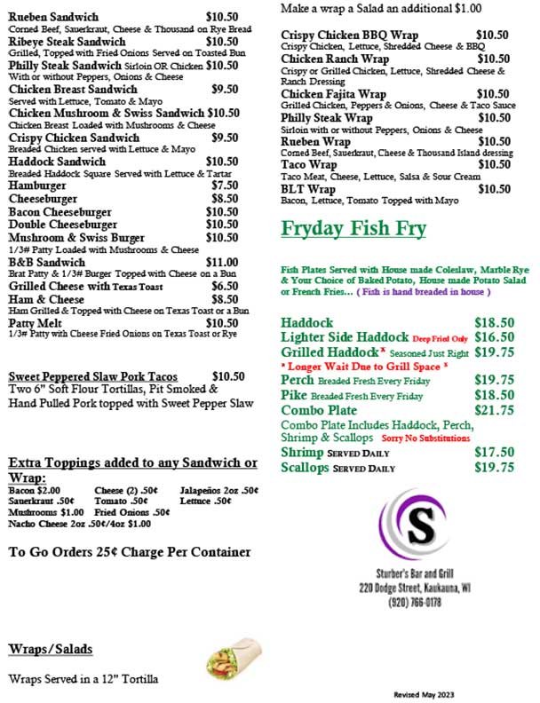 Sturber's Bar and Grill Menu Page 2